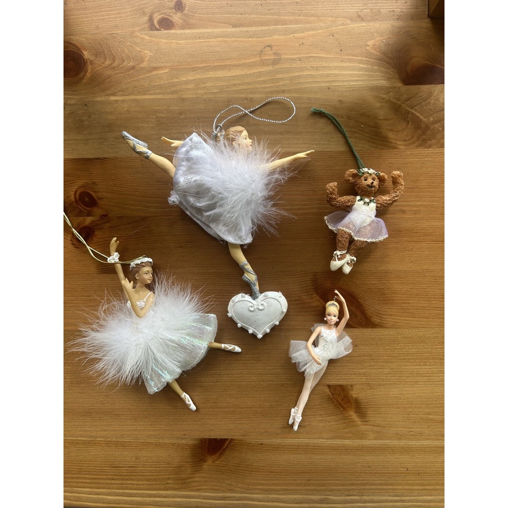 4 Vintage Ballerina Ornaments, Bear, Resin & Fabric Tutu dance